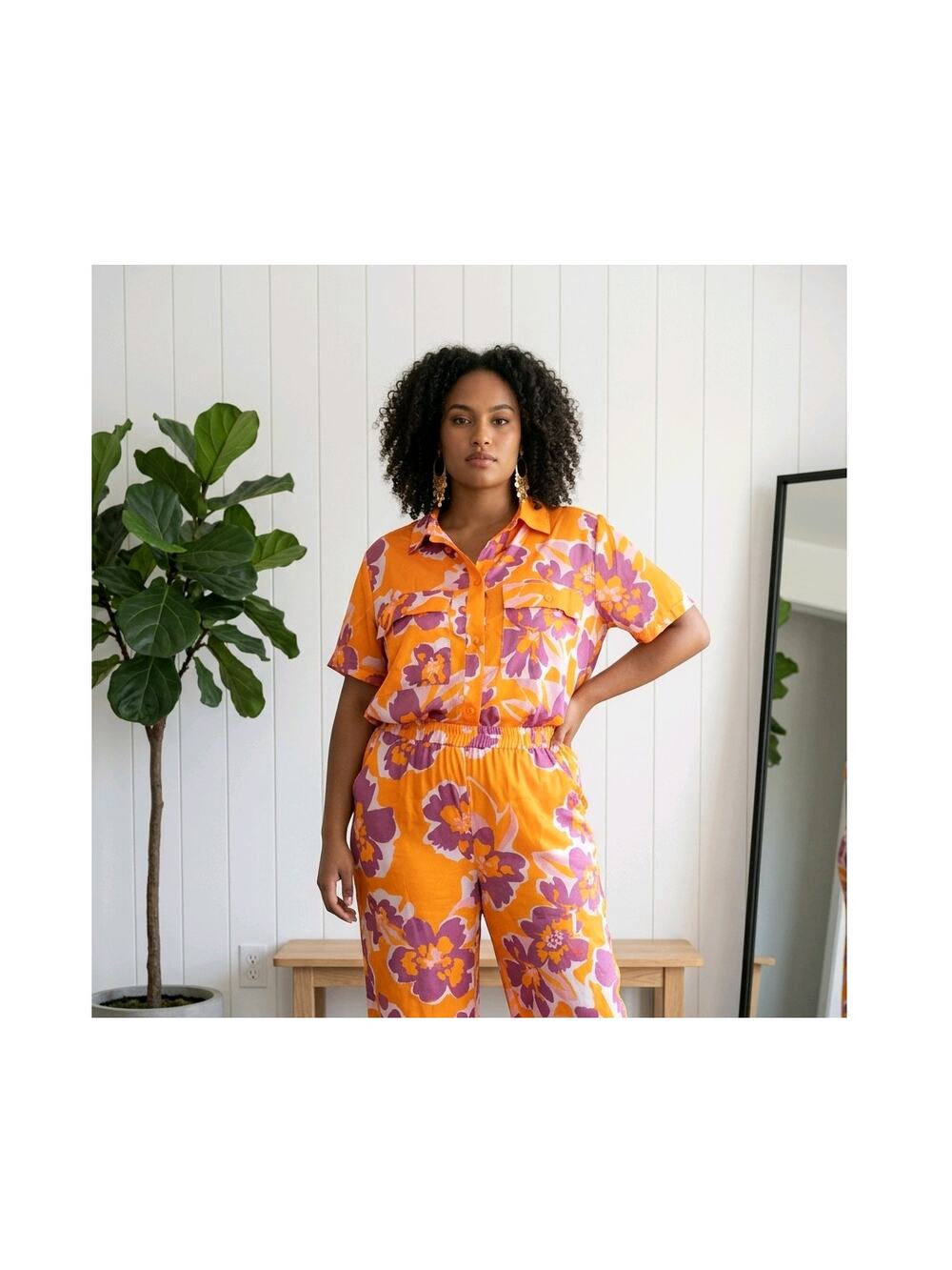 Rebdolls Orange Purple Floral Button Down Shirt 1X NWT